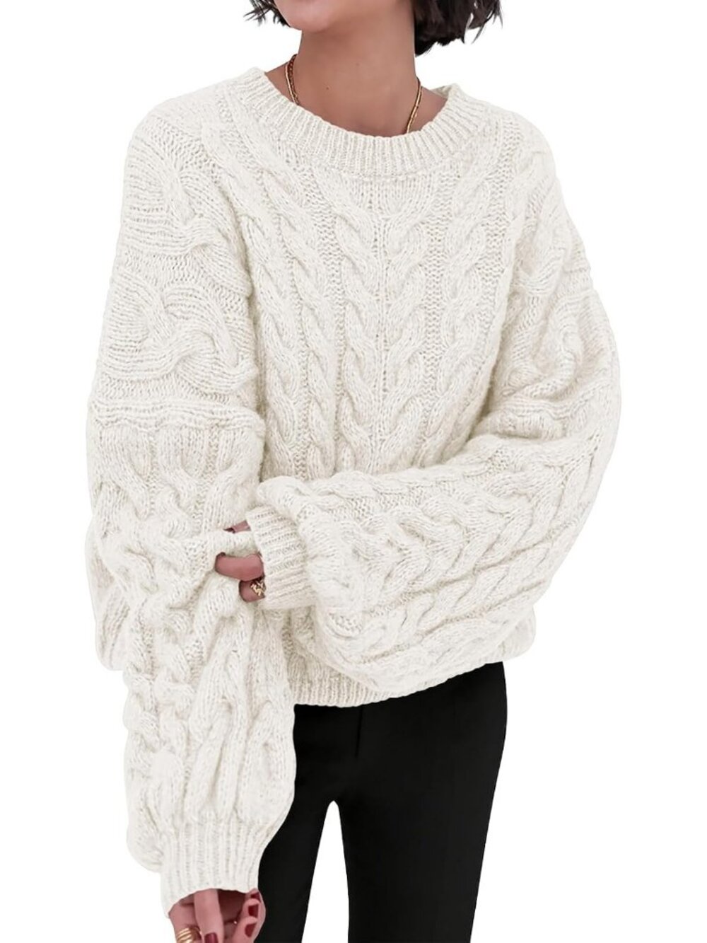 Women's Beige White Cable Knit Long Sleeve Crewneck Oversized Chunky Sweaters
